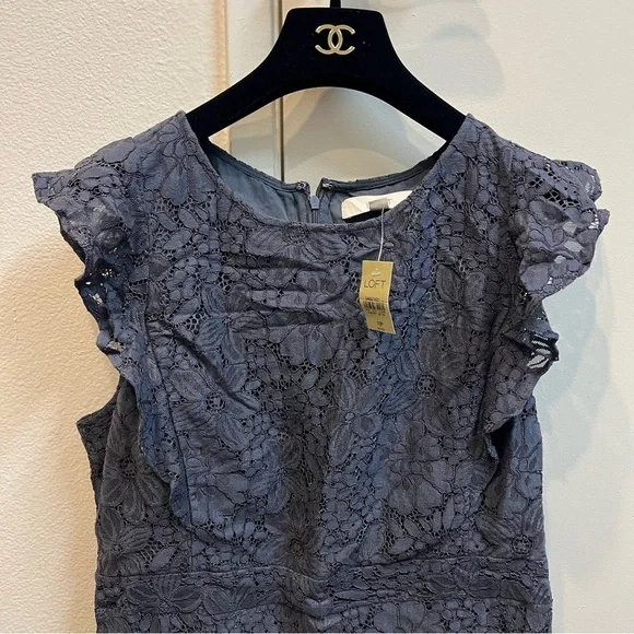 NWT Loft Navy Blue Floral Lace Ruffle Mini Flutter Sleeve Cocktail Dress 10P - Picture 4 of 15